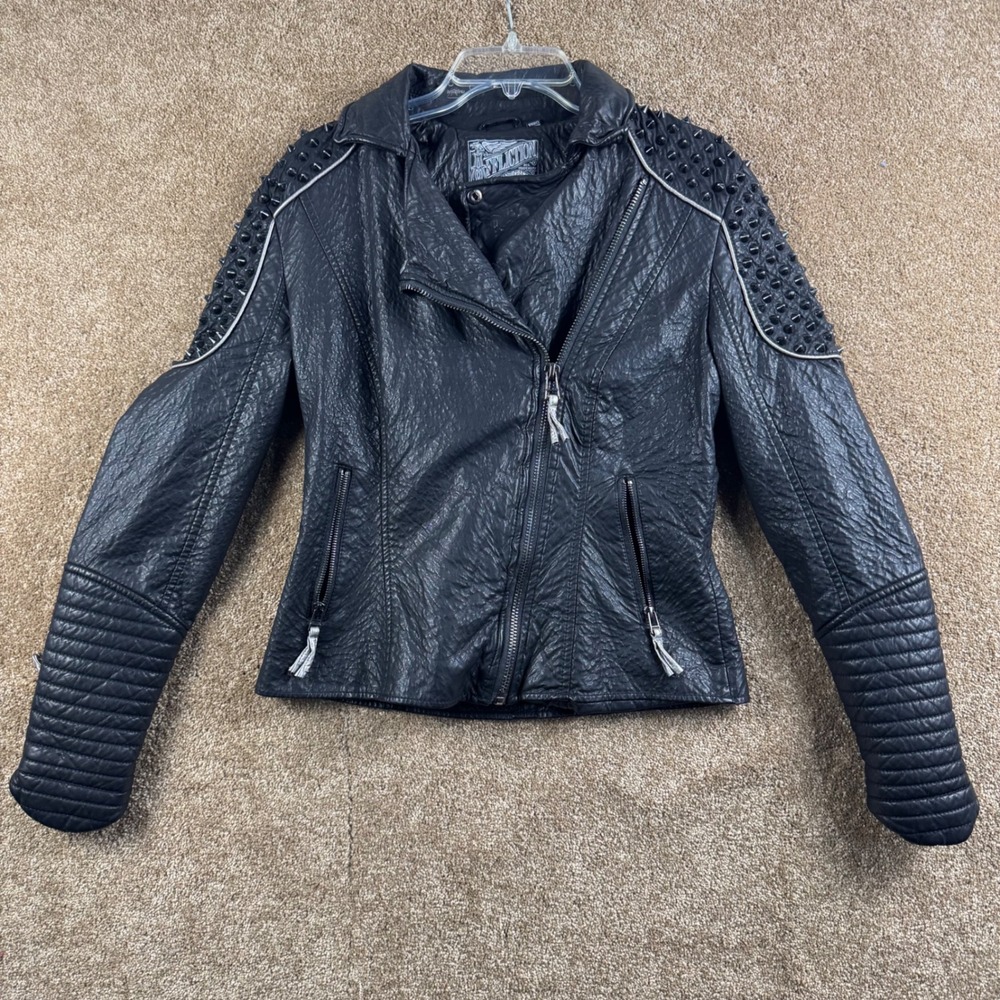 Affliction Black Premium Moto Jacket Spiked Studded Faux Leather 111OW044 Size M
